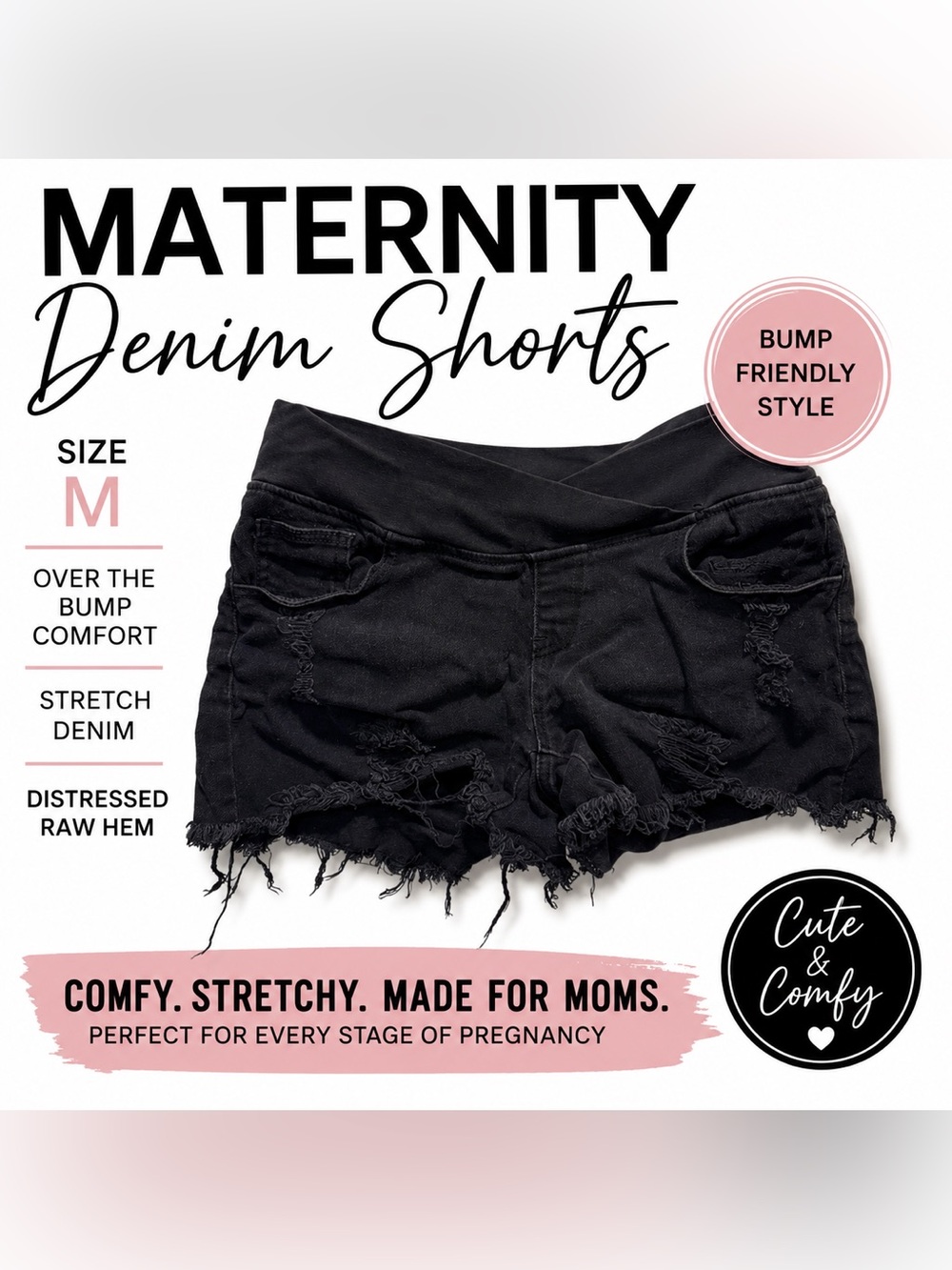 Amazon Boutique Maternity Denim Shorts Size Medium Black Distressed Raw Hem
